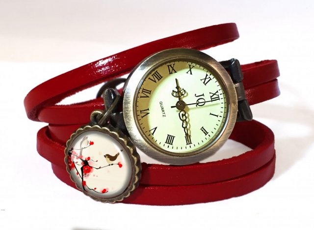 Orientalne ptaszki - zegarek / bransoletka na skórzanym pasku - Egginegg