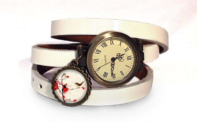 Orientalne ptaszki 0462 - zegarek / bransoletka na skórzanym pasku - Egginegg