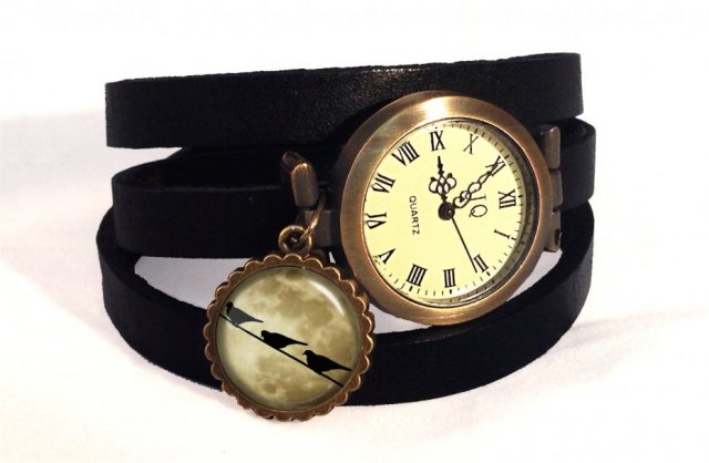 Księżycowe ptaszki - zegarek / bransoletka na skórzanym pasku - Egginegg