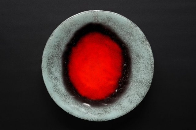 OKRĄGŁA SZKLANA PATERA TALERZ BIEL ORANŻ 43 CM