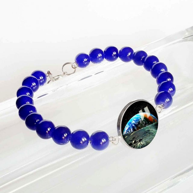 MODNA BRANSOLETA  Z ZAWIESZKĄ I KULAMI KWARCU - Planeta - grafika w szkle