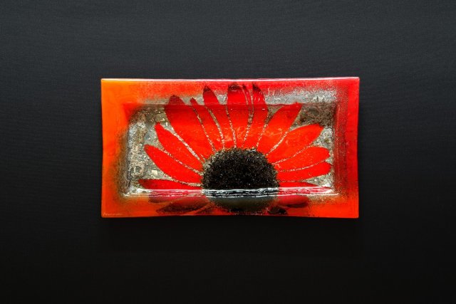 Szklana prostokątna patera Kwiaty Czerwone 35 x 19 cm
