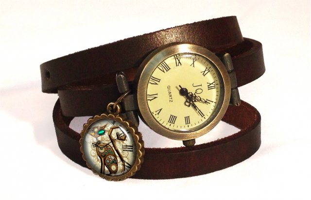 Steampunk'owy Kot 0582 - zegarek / bransoletka na skórzanym pasku - Egginegg