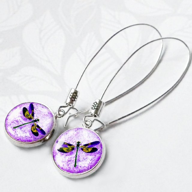 Eleganckie kolczyki z grafiką w szkle - WAŻKI W FIOLETACH