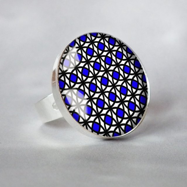 MOZAIKA szafirowa unikatowy duży pierścień z grafiką w oprawie srebrnej