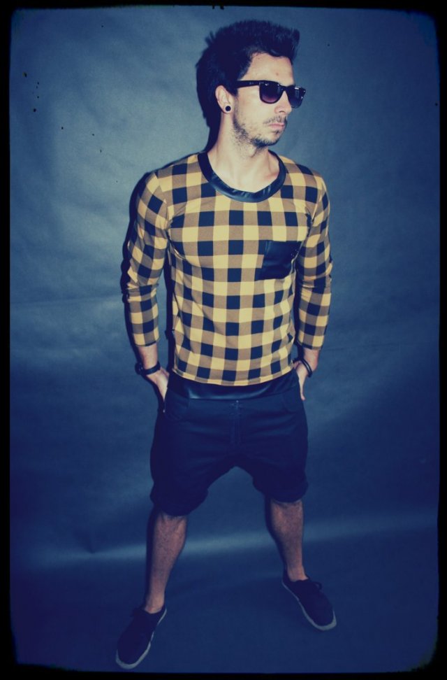 BLUZA checker blouse button musztarda-czerń