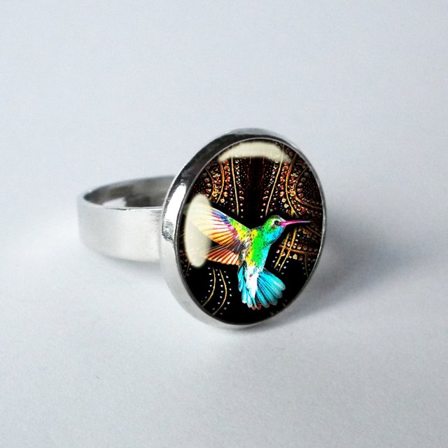 KOLIBEREK pierścionek regulowany ptaszek za szkłem