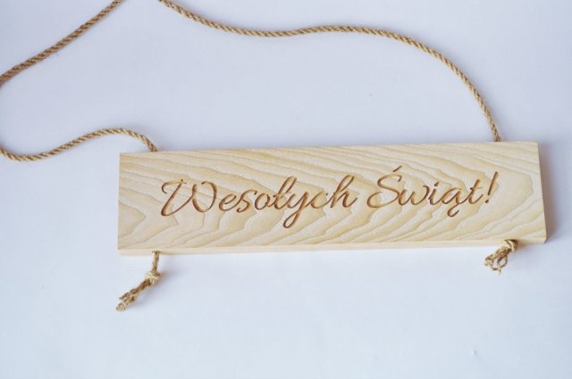 Drewniany szyld z napisem Wesołych Świąt, zawieszka z drewna, tablica