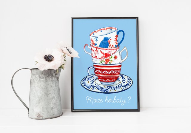 Plakat do kuchni "Może herbaty?" niebieski, format A3