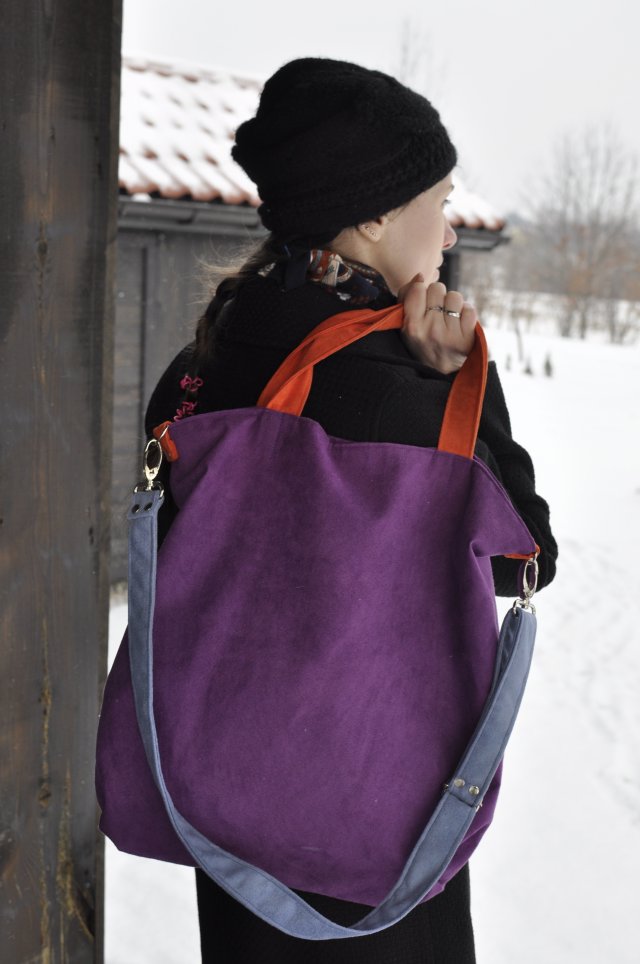 Torba hobo XXL - fiolet, pomarańcz, szaroniebieski