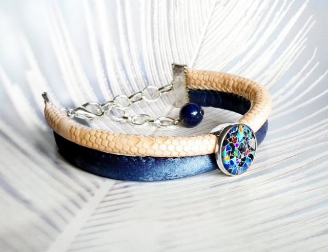 MOSAIC BLUE :: bransoleta z rzemienia i szkła z grafiką