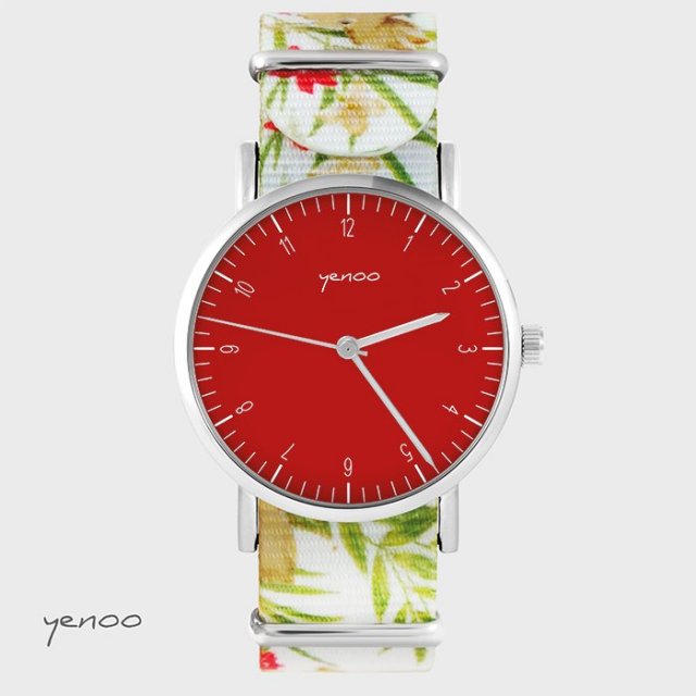 Zegarek - Simple elegance, czerwony - kwiaty, nato, biały