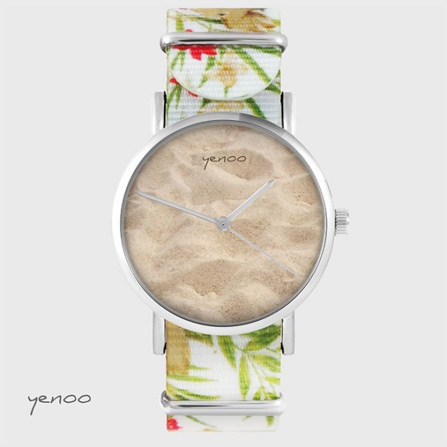 Zegarek - Piasek - kwiaty, nato, biały