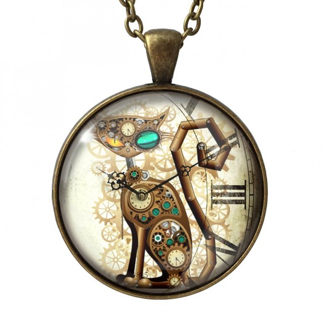 Steampunkowy kot - duży medalion z łańcuszkiem - Egginegg