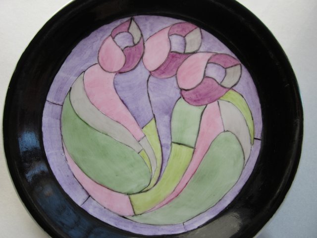 ręcznie malowany  porcelanowy talerzyk unikatowe Cudeńko o witrażowym zdobieniu - obraz na porcelanie 16 cm