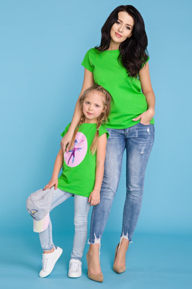 KOMPLET dla mamy i córki - bluzka z aplikacją baleriny lub gładka, zielony