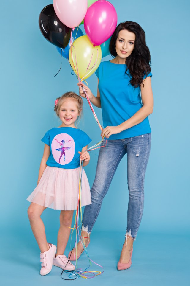 KOMPLET dla mamy i córki - bluzka z aplikacją baleriny lub gładka, niebieski
