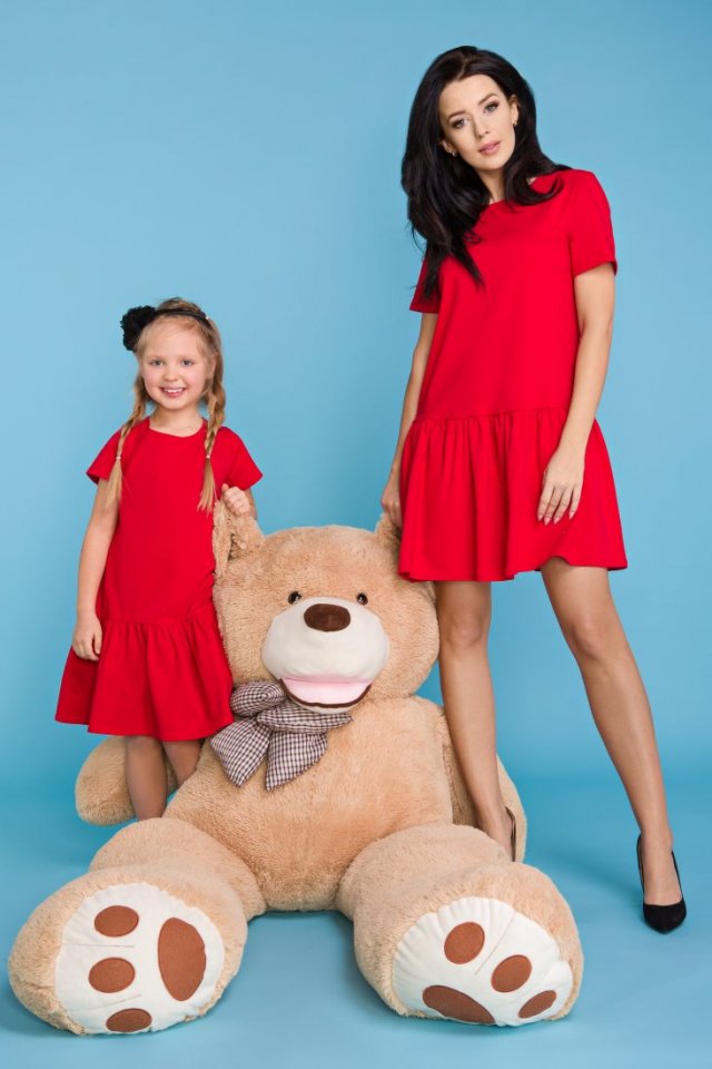 KOMPLET dla mamy i córki - sukienka z szeroką falbaną, czerwony