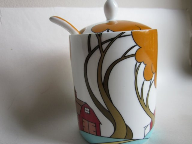 MODERN JAM POT AND SPOON - FARM BARN -CLARICE CLIFF INSPIRED