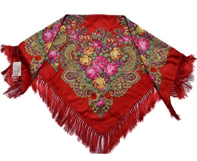 Czerwona folkowa chusta w kwiaty wełna