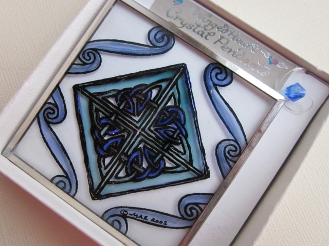 blue diamond - hand painted  glass - winged heart stanie glass -mara and drew - 2002 - is a special symbol for Us.