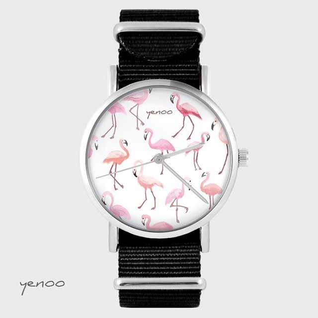 Zegarek - Flamingi - czarny, nylonowy