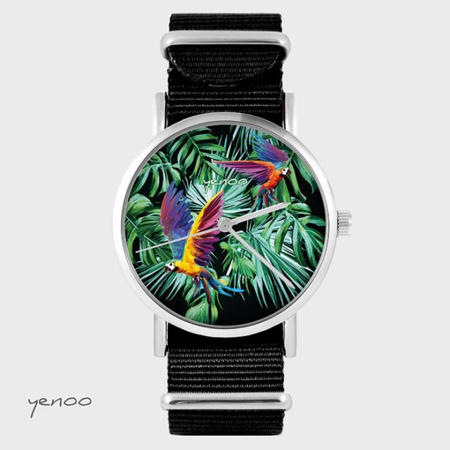 Zegarek - Papugi, tropikalny - czarny, nylonowy