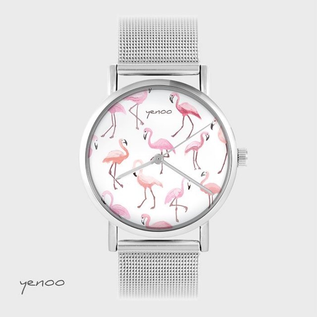 Zegarek, bransoleta - Flamingi - metalowy mesh