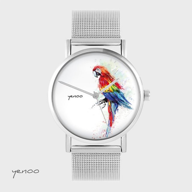 Zegarek, bransoleta - Papuga czerwona - metalowy mesh