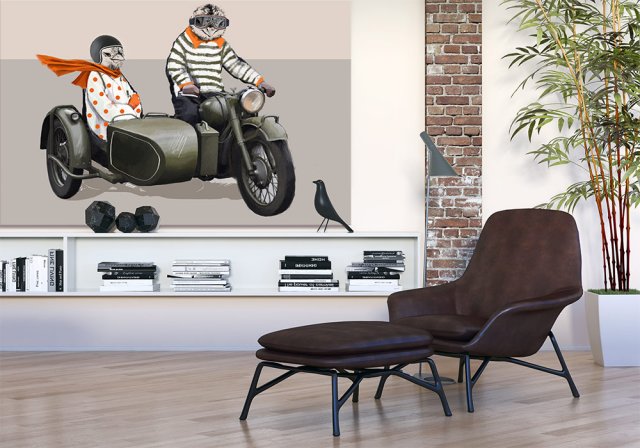 OBRAZ NA PŁÓTNIE 120x80cm KURCZKI NA MOTOCYKLU RETRO 02267