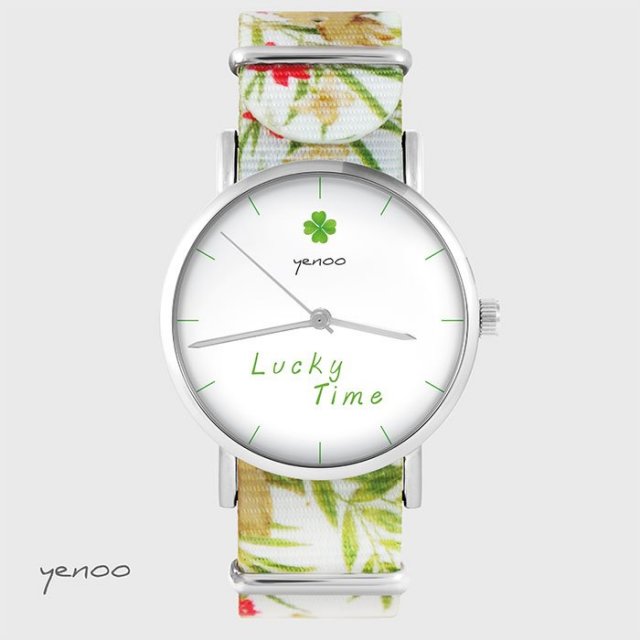 Zegarek - Lucky day - kwiaty, nato, biały
