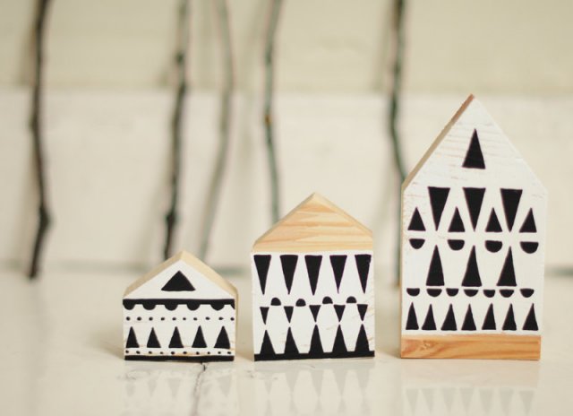 Komplet 3 szt - drewniane domki ręcznie malowane - skandynawskie