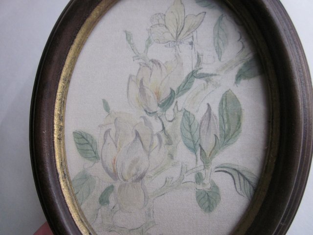 Paint on Silk  - oryginał - ręcznie  na jedwabiu malowany obrazek w owalnej ramie  - gotowy do powieszenia