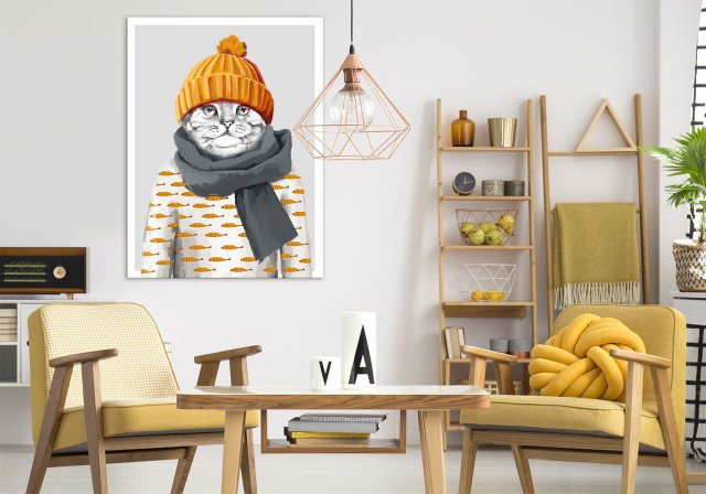 OBRAZ NA PŁÓTNIE format 60x80cm  KOTEK W CZAPCE 02342