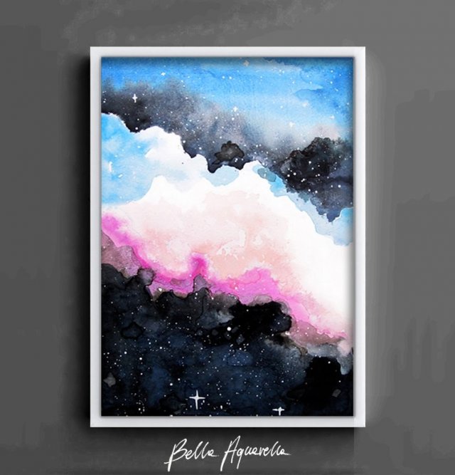 Akwarela oryginalna A4 "Zorza Polarna", pastelowy obraz, kosmiczny, galaxy, niebo, chmury, gwiazdy
