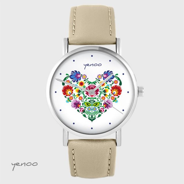 Zegarek yenoo - Serce folkowe - skórzany, beżowy