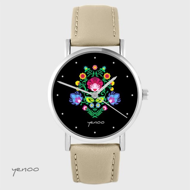 Zegarek yenoo - Folkowy czarny - skórzany, beżowy