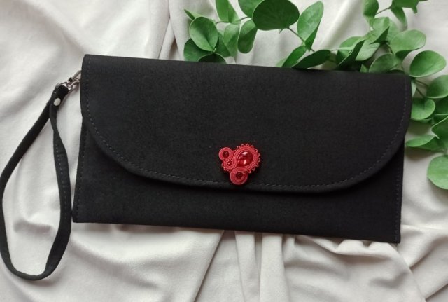 Torebka kopertówka czerwona czarna, soutache sutasz, czarna kopertówka haftowana, czarna torebka ręcznie robiona