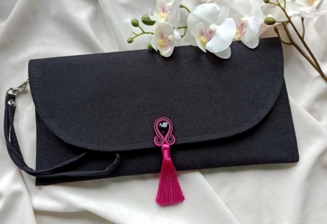 Torebka kopertówka fuksja czarna, soutache sutasz, czarna kopertówka z chwostem, czarna torebka ręcznie robiona boho