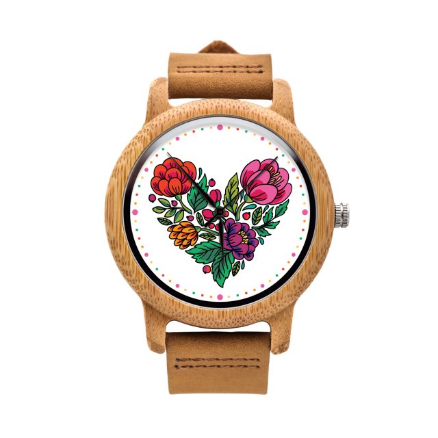 Drewniany zegarek z grafiką LOVE FLOWERS