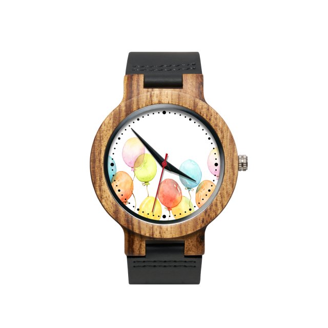 Drewniany zegarek na czarnym pasku z grafiką BALONIKI