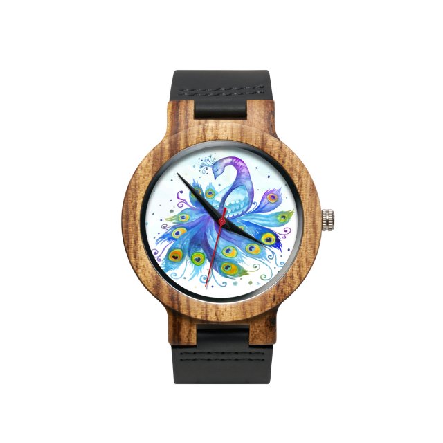 Drewniany zegarek na czarnym pasku z grafiką PAW