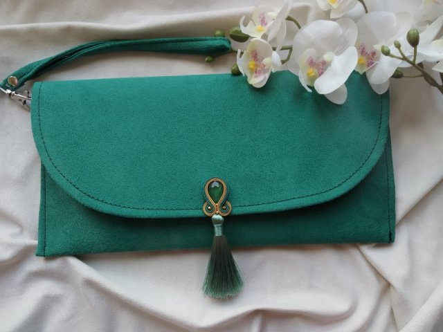 Torebka wesele, soutache sutasz, butelkowa kopertówka z chwostem, szmaragdowa torebka, zielona kopertówka