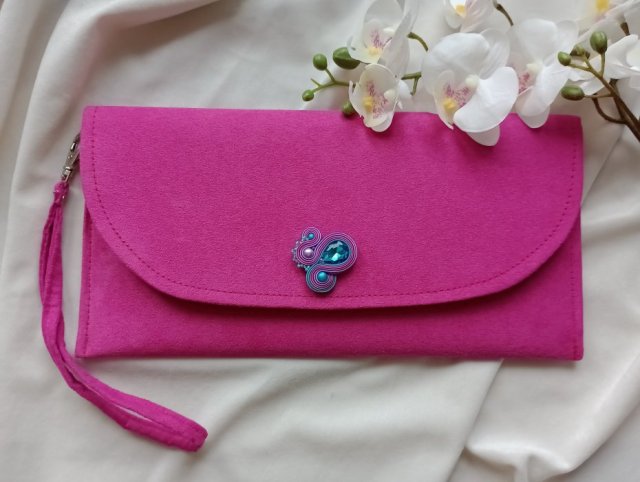 Torebka kopertówka różowa, soutache sutasz, torebka ręcznie robiona boho fuksja, fuksja torebka, wieczorowa torebka, różowa torebka