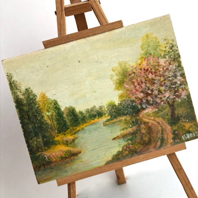 ❀ڿڰۣ❀ MINIATURA OLEJNA NA SZTALUDZE ❀ڿڰۣ❀ Pejzaż ❀ڿڰۣ❀ Sygnowana, ręcznie malowana.