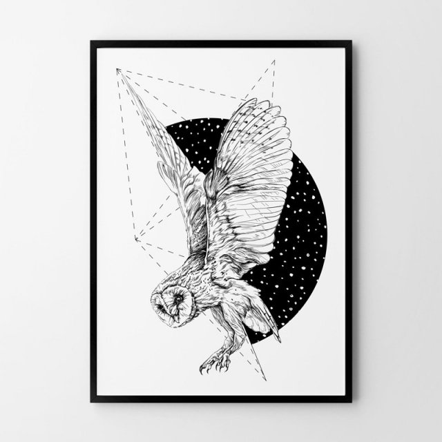 Plakat czarno biała sowa - sowy geometria 61x91