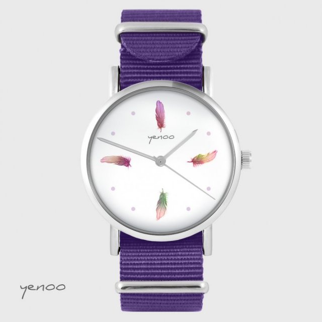 Zegarek - Kolorowe piórka - fioletowy, nylonowy