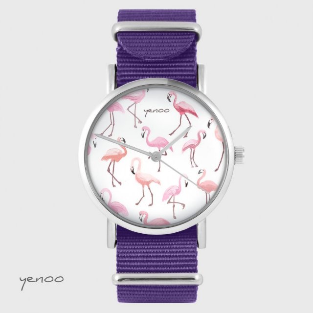 Zegarek - Flamingi - fioletowy, nylonowy