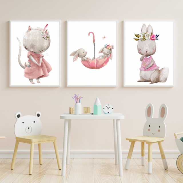 Zestaw 3 plakaty A3 króliczki w parasolu kotek