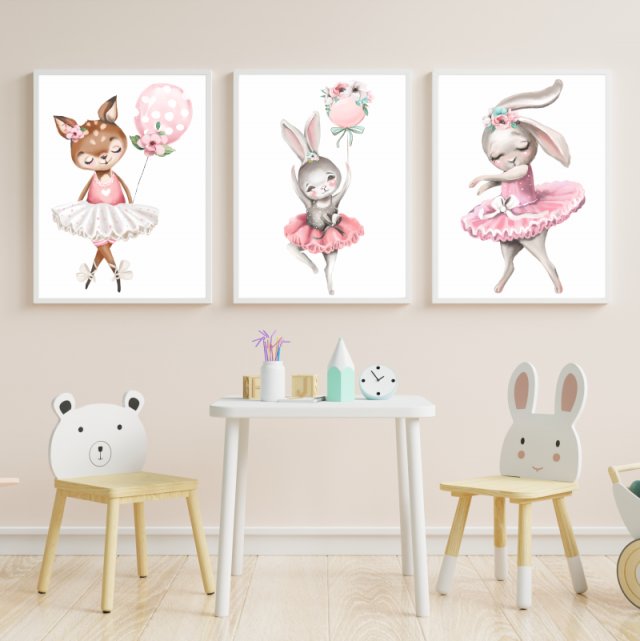 Zestaw 3 plakaty A3 baletnica sarenka króliczki
